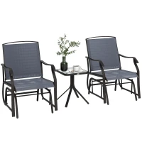 Outsunny 3 Piece Outdoor Glider Chair with Coffee Table Bistro Set, 2 Patio Rocking Swing Chairs with Breathable Sling Fabric, Glass Tabletop, for Backyard, Garden and Porch, Gray(m-1)