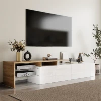 Modern TV Stand with Glass Shelves and LED Lighting, High-Gloss Finish, Smart Storage Solution, 67" L x 13" W x 13" H, White+Natural(m-8)