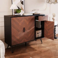 Modern Storage Cabinet with Drawer and Adjustable Shelves, Sideboard with Black Metal Feet, 35.5" L x 11.5" W x 28.5" H, Black+Wood(m-1)