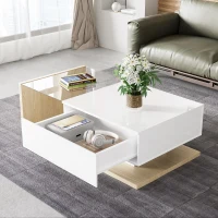 High-Gloss Coffee Table with Glass and LED Effect, Modern Design with Storage Compartment, 41.5" L x 21.5" W x 12.5" H, White+Wood(m-5)