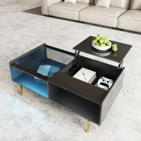 High-Gloss Coffee Table with LED Lighting and Glass Top, Adjustable Heigh, Storage Compartments, Easy to Install, 43.5" L x 21.5" W x 15.5" H, Black(m-5)