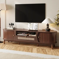 Rattan TV Stand with Solid Wood Doors and Drawers, Natural Country Style Storage Solution, Easy Installation, 65" L x 14.5" W x 18" H, Natural Walnut(m-1)