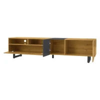 Colour Coordinated TV Stand with U-Shaped Metal Legs, 3 Doors and 2 Compartments, Easy Assembly, 67" L x 14" W x 16.5" H, Black+Natural(m-10)