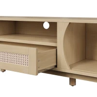 Rattan TV Stand with Solid Wood Doors and Drawers, Natural Country Style Storage Solution, Easy Installation, 65" L x 14.5" W x 18" H, Natural(m-9)