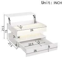 High-Gloss Coffee Table with Glass Top and LED Light, Storage Drawer and Adjustable Height, Easy to Install, 26" L x 21.5" W x 21.5" H, White(m-3)