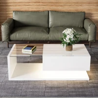 High-Gloss Coffee Table with Glass and LED Effect, Modern Design with Storage Compartment, Easy to Install, 41.5" L x 21.5" W x 12.5" H, White(m-7)