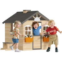 Outsunny Wooden Playhouse for Kids Outdoor Garden Pretend Play Games, Adventures Cottage, with Working Door, Windows, Bench, Service Station, Flowers Pot Holder, for 3-7 Years Old(m-1)