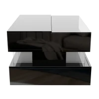 High-Gloss Coffee Table with Glass Top and LED Lighting, Storage Drawer and Adjustable Height, Easy to Install, 26" L x 21.5" W x 21.5" H, Black(m-14)