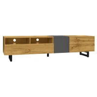 Colour Coordinated TV Stand with U-Shaped Metal Legs, 3 Doors and 2 Compartments, Easy Assembly, 67" L x 14" W x 16.5" H, Black+Natural(m-11)