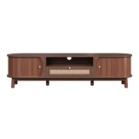 Rattan TV Stand with Solid Wood Doors and Drawers, Natural Country Style Storage Solution, Easy Installation, 65" L x 14.5" W x 18" H, Natural Walnut(m-2)