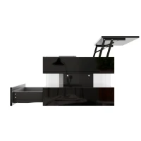 High-Gloss Coffee Table with Glass Top and LED Lighting, Storage Drawer and Adjustable Height, Easy to Install, 26" L x 21.5" W x 21.5" H, Black(m-15)