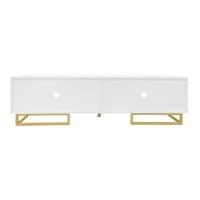 Modern TV Stand with Textured Doors, Gold Handles and Legs, Ample Storage Space, Easy to Install, 63" L x 15" W x 17.5" H, White(m-16)