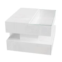 High-Gloss Coffee Table with Glass Top and LED Light, Storage Drawer and Adjustable Height, Easy to Install, 26" L x 21.5" W x 21.5" H, White(m-12)