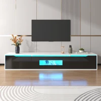 High-Gloss TV Stand with Colour-Changing LED Lighting and Versatile Mounting Options, Easy to Install, 71" L x 12" W x 12" H, Black+White(m-9)