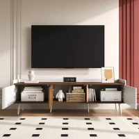 TV Stand with Three Doors and Sturdy Wooden Legs, Raised Edge for Safety, Easy to Install, 63" L x 15.5" W x 19.5" H, White+Natural(m-5)