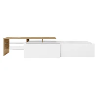 Modern TV Stand with Glass Shelves and LED Lighting, High-Gloss Finish, Smart Storage Solution, 67" L x 13" W x 13" H, White+Natural(m-13)