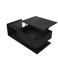 High-Gloss Coffee Table with Tempered Glass Top and LED Light Strip, Adjustable Height, Easy to Install, 39.5" L x 19.5" W x 13" H, Black(m-12)
