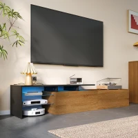 Modern TV Stand with Glass Shelves and LED Lighting, Stylish Storage Solution, Modern and Stylish Design, 67" L x 13" W x 13" H, Black+Natural(m-6)