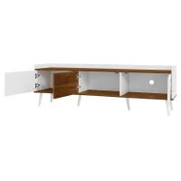 TV Stand with Three Doors and Sturdy Wooden Legs, Raised Edge for Safety, Easy to Install, 63" L x 15.5" W x 19.5" H, White+Natural(m-13)