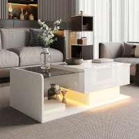 High-Gloss Coffee Table with Adjustable Height and LED Light Strip, Tempered Glass Top, Easy to Install, 39.5" L x 19.5" W x 13" H, White(m-8)