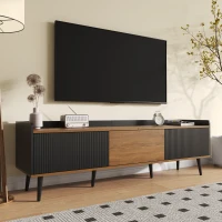 TV Stand with Three Doors, Raised Edge for Safety, Sturdy Wooden Legs, Modern Design, Easy to Install, 63" L x 15.5" W x 19.5" H, Black+Natural(m-1)