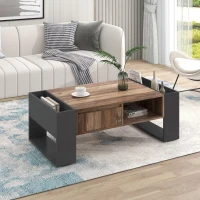 Wood Grain Coffee Table with Handleless Drawer, Double Storage Compartments, Easy Assembly, 43.5" L x 23.5" W x 15.5" H, Grey+Wood(m-6)