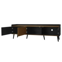 TV Stand with Three Doors, Raised Edge for Safety, Sturdy Wooden Legs, Modern Design, Easy to Install, 63" L x 15.5" W x 19.5" H, Black+Natural(m-13)