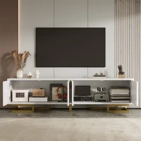 Modern TV Stand with Textured Doors, Gold Handles and Legs, Ample Storage Space, Easy to Install, 63" L x 15" W x 17.5" H, White(m-4)