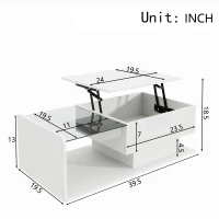 High-Gloss Coffee Table with Adjustable Height and LED Light Strip, Tempered Glass Top, Easy to Install, 39.5" L x 19.5" W x 13" H, White(m-3)