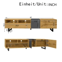 Colour Coordinated TV Stand with U-Shaped Metal Legs, 3 Doors and 2 Compartments, Easy Assembly, 67" L x 14" W x 16.5" H, Black+Natural(m-3)