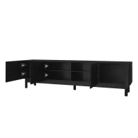 Modern TV Stand with Wave Shaped Doors, Ample Storage and Sturdy Legs, Functional Design, Easy to Install, 66.5" L x 13.5" W x 18" H, Black(m-12)