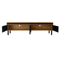 TV Stand with Elegant Stripe Design and Sturdy Wooden Legs, Three Doors, Practical and Easy Access, 67" L x 15" W x 18.5" H, Black+Natural(m-12)