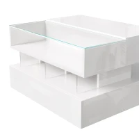 High-Gloss Coffee Table with Glass Top and LED Light, Storage Drawer and Adjustable Height, Easy to Install, 26" L x 21.5" W x 21.5" H, White(m-8)
