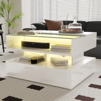 High-Gloss Coffee Table with Glass Top and LED Light, Storage Drawer and Adjustable Height, Easy to Install, 26" L x 21.5" W x 21.5" H, White(m-5)