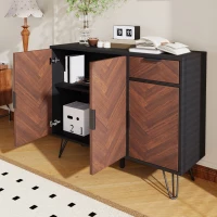 Modern Storage Cabinet with Drawer and Adjustable Shelves, Sideboard with Black Metal Feet, 35.5" L x 11.5" W x 28.5" H, Black+Wood(m-7)