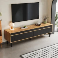 TV Stand with Elegant Stripe Design and Sturdy Wooden Legs, Three Doors, Practical and Easy Access, 67" L x 15" W x 18.5" H, Black+Natural(m-7)