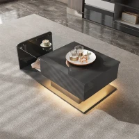 High-Gloss Coffee Table with Tempered Glass Top and LED Light Strip, Adjustable Height, Easy to Install, 39.5" L x 19.5" W x 13" H, Black(m-5)