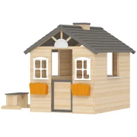 Outsunny Wooden Playhouse for Kids Outdoor Garden Pretend Play Games, Adventures Cottage, with Working Door, Windows, Bench, Service Station, Flowers Pot Holder, for 3-7 Years Old(m-11)