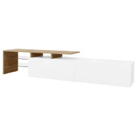 Modern TV Stand with Glass Shelves and LED Lighting, High-Gloss Finish, Smart Storage Solution, 67" L x 13" W x 13" H, White+Natural(m-14)