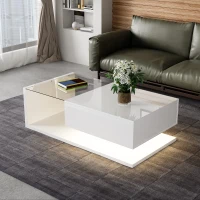 High-Gloss Coffee Table with Glass and LED Effect, Modern Design with Storage Compartment, Easy to Install, 41.5" L x 21.5" W x 12.5" H, White(m-6)