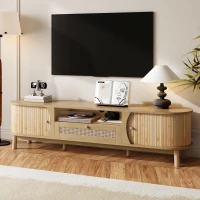 Rattan TV Stand with Solid Wood Doors and Drawers, Natural Country Style Storage Solution, Easy Installation, 65" L x 14.5" W x 18" H, Natural(m-1)