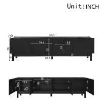 Modern TV Stand with Wave Shaped Doors, Ample Storage and Sturdy Legs, Functional Design, Easy to Install, 66.5" L x 13.5" W x 18" H, Black(m-3)