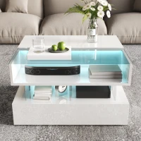 High-Gloss Coffee Table with Glass Top and LED Light, Storage Drawer and Adjustable Height, Easy to Install, 26" L x 21.5" W x 21.5" H, White(m-6)