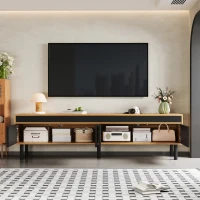 TV Stand with Elegant Stripe Design and Sturdy Wooden Legs, Three Doors, Practical and Easy Access, 67" L x 15" W x 18.5" H, Black+Natural(m-6)