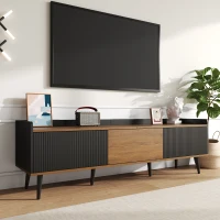 TV Stand with Three Doors, Raised Edge for Safety, Sturdy Wooden Legs, Modern Design, Easy to Install, 63" L x 15.5" W x 19.5" H, Black+Natural(m-6)