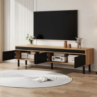 TV Stand with Elegant Stripe Design and Sturdy Wooden Legs, Three Doors, Practical and Easy Access, 67" L x 15" W x 18.5" H, Black+Natural(m-5)