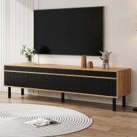 TV Stand with Elegant Stripe Design and Sturdy Wooden Legs, Three Doors, Practical and Easy Access, 67" L x 15" W x 18.5" H, Black+Natural(m-4)