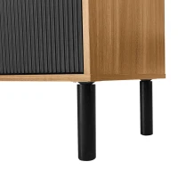 TV Stand with Elegant Stripe Design and Sturdy Wooden Legs, Three Doors, Practical and Easy Access, 67" L x 15" W x 18.5" H, Black+Natural(m-11)