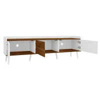 TV Stand with Three Doors and Sturdy Wooden Legs, Raised Edge for Safety, Easy to Install, 63" L x 15.5" W x 19.5" H, White+Natural(m-11)