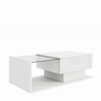 High-Gloss Coffee Table with Adjustable Height and LED Light Strip, Tempered Glass Top, Easy to Install, 39.5" L x 19.5" W x 13" H, White(m-12)